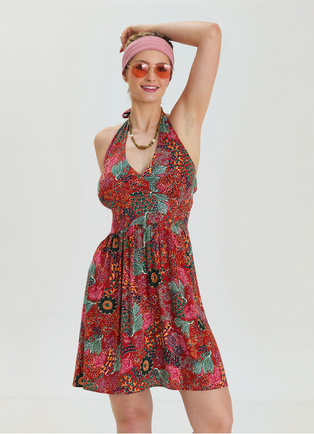 V Neck Halter Neck Red Floral Dress 4544